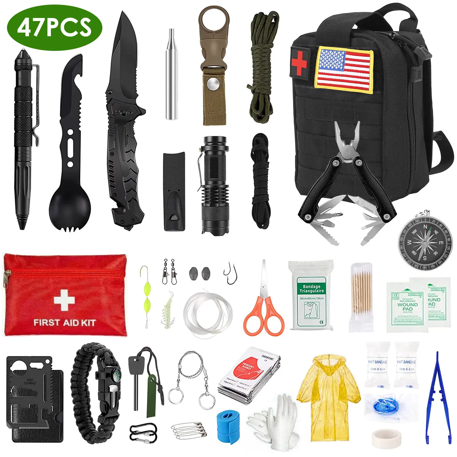 47Pcs Emergency Survival Kit Survival EDC Gear Equipment Tool First Aid Supplies Kit Tools with Pouch for Hiking Hunting Disaster Camping Adventure,summervibes
