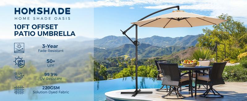 【Collection of Patio Umbrellas】Homshade Premium 10ft/9ft/7.5ft Offset Patio Umbrella with Adjustable Canopy & Easy Tilt System for Pool Deck & Garden - Solar Parasol with UV Protection