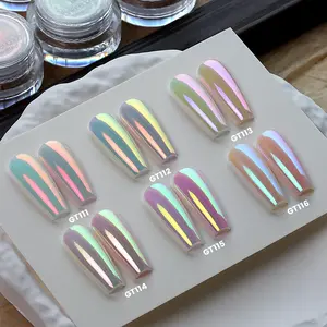 YOKEFELLOW GleamTap Cushion Aurora Chrome Nail Powder Kits 6Pcs GT111-GT116 with Sponge Kits Mermaid Aurora Effect ,Nail Art Glitter Decoration for Home DIY Salon Manicure