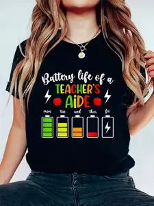 100% Cotton Teacher Assistant Energy Workplace Daily Pattern Print Women's Crew Neck T-Shirt