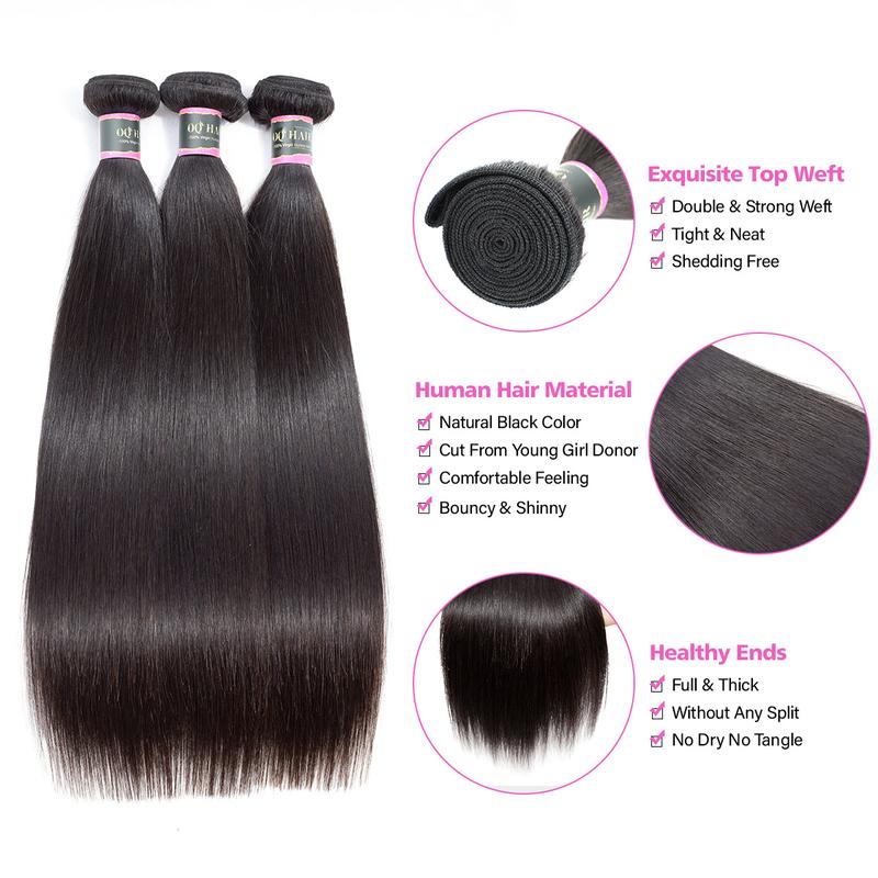 OQ HAIR Straight Human Hair Bundles Brazilian Virgin Unprocessed Straight Hair Weave Bundles Natural Color