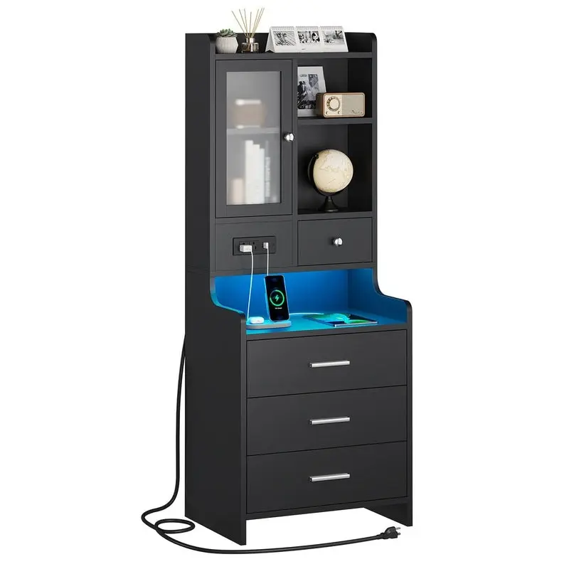 Sikaic Tall Nightstand with Charging Station, Black Bedside Table with Drawers & Glass Door, LED Night Stand with Bookshelf, End Side Table with Storage, Home Furniture, Dorm Essentials [tiktokshopbacktoschool]