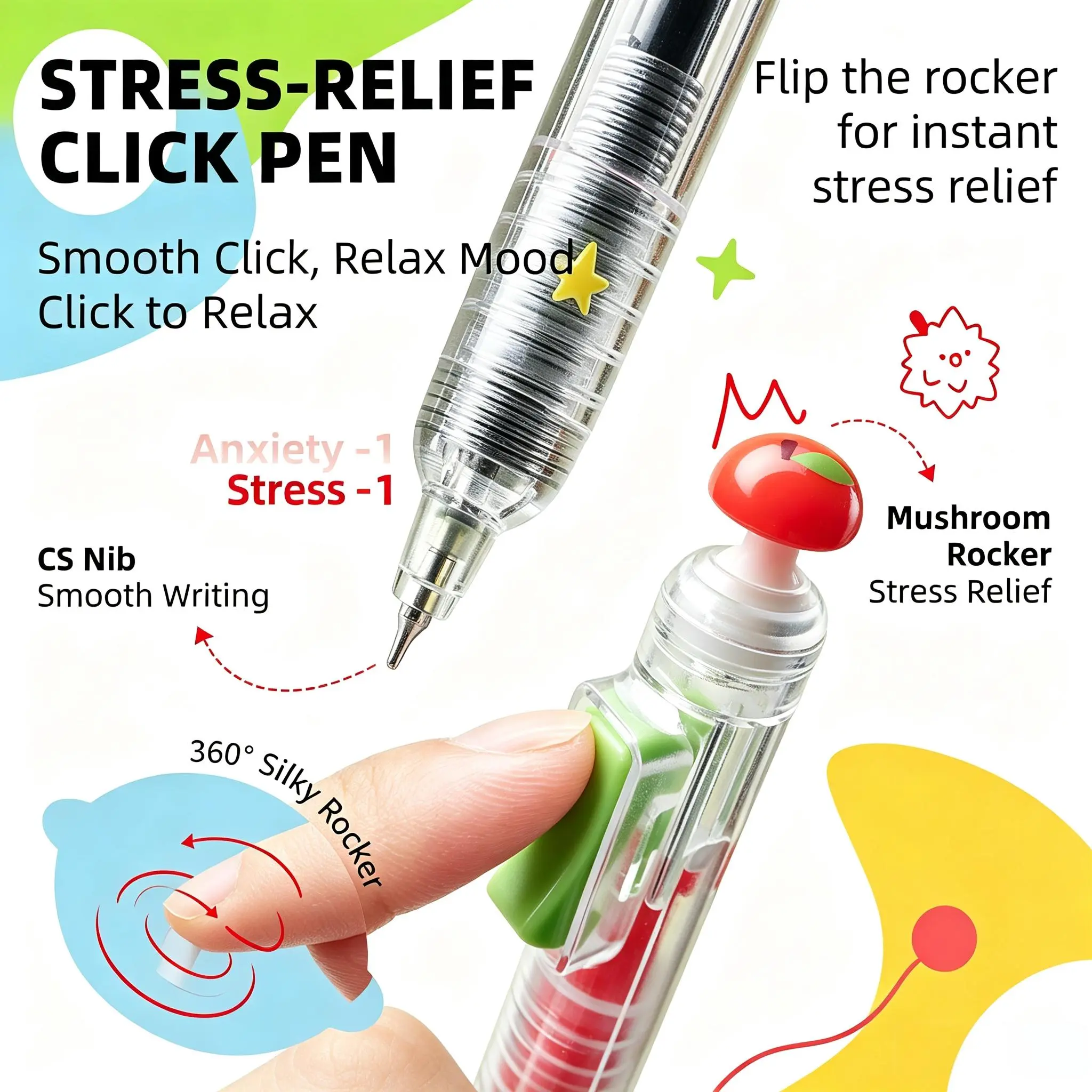 EpenGo Fidget Click Pen - Retractable 0.5mm Quick Dry Gel Ink Fine Tip Pen, Built-In Joystick Stress Relief Toy, Cute Aesthetic Stationery Writing Tool for School Supply Shopping, Office Accessories, Mini Useful Gifts, Fine Tip Pens, Stationery Writing To