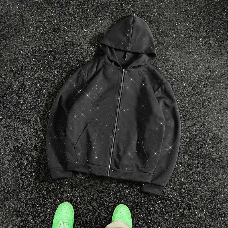 Men's Gypsy star design shiny zipper hooded sweater, soft and skin-friendly fabric, pocket design, street trendy cool style, daily going out on the street, casual commuting adaptation, personalized trend couples versatile wear