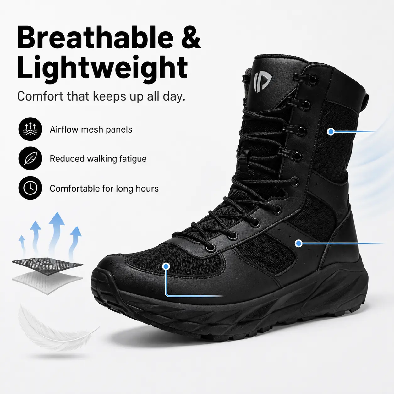 Men's Mid-High Lightweight Tactical Boots - Breathable Mesh Upper, Non-Slip Rubber Outsole, Outdoor Hiking & Military Training Shoes