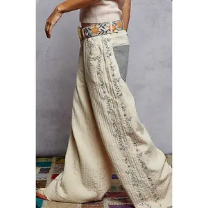 WYP46 Cream Floral Embroidery Contrast Thermal Pant