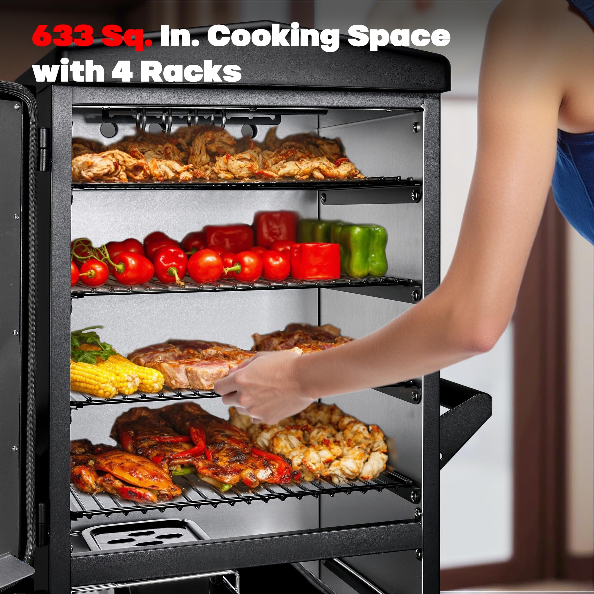 MBY Digital Electric Smoker with Cover LED Display & Built-in Meat Probe 633 sq in Cooking Area 4 Racks Insulated Chamber for All-Weather Use