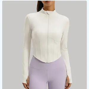 xelle Women's Full Zip Slim Fit Running Jacket - Stand Collar Workout Crop Top with Thumbholes and Contoured Ribbed Detail for Yoga & Gym