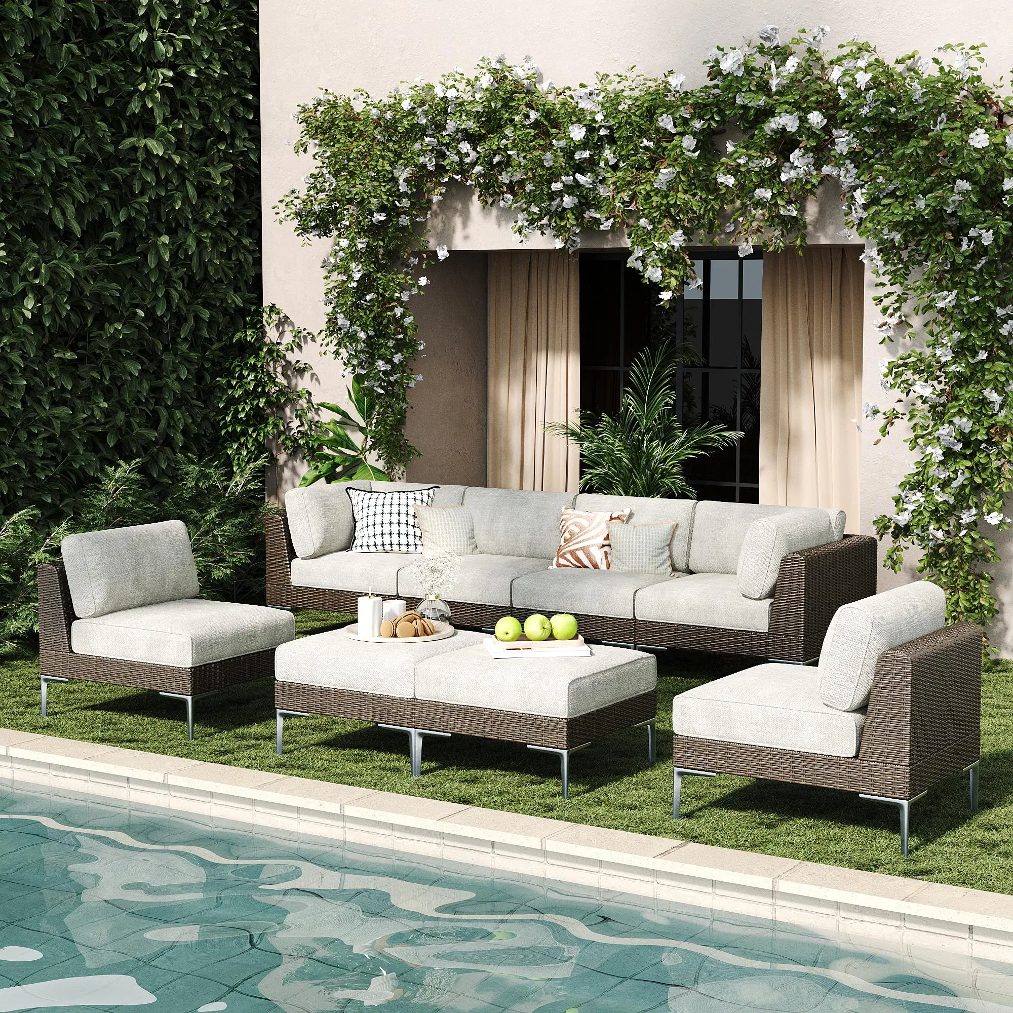LayinSun 8-Piece Wicker Rattan Patio Furniture Set, Deep Seating Outdoor Modular Sectional Sofa Conversation Set with Thick Cushions for Lawn, Garden, Multiple Packages