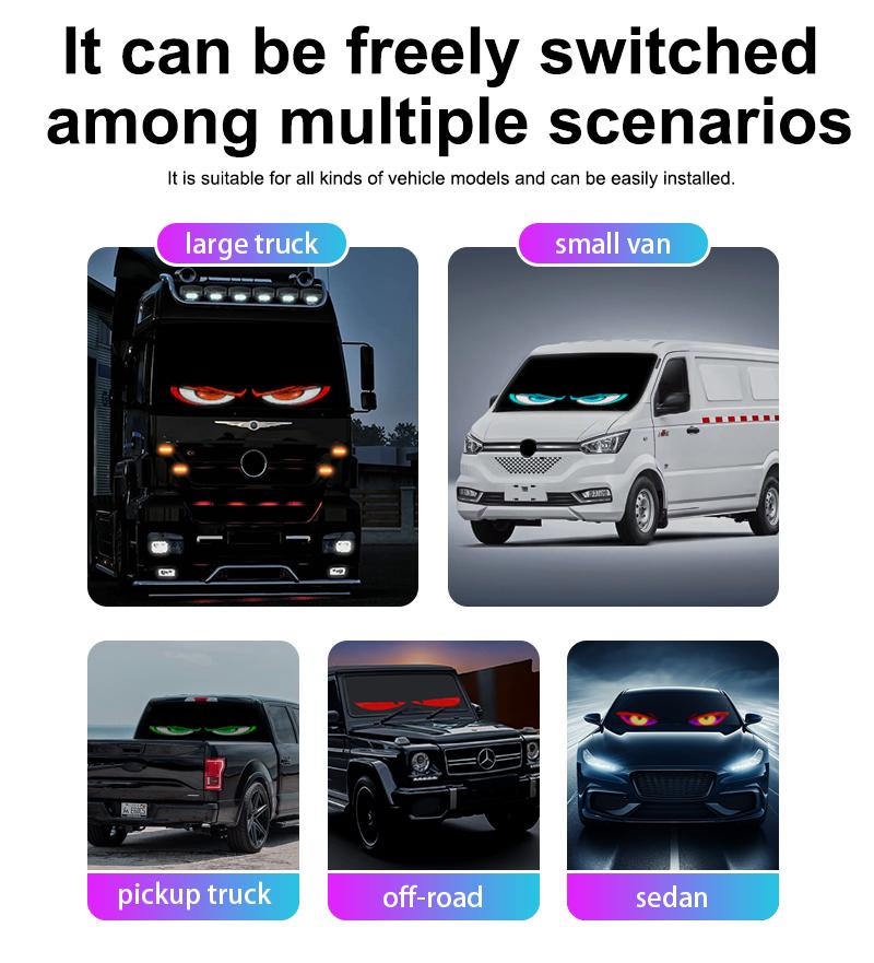 2PCS 5800 Lux High-Brightness Devil Eyes LED Light Strips for Cars/Trucks/SUVs - 23.6"x4.73" Customizable Windshield Decoration with App Control, IP68 Waterproof, USB-Powered