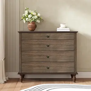 Rustic Solid Wood 4-Drawer Dresser, Antique Deep Brown Chest of Drawers & Accent Storage Cabinet With Anti-Tip Kit, Robot Vacuum Friendly Farmhouse Sideboard For Bedroom, Living Room & Hallway, 40 Inch Wide
