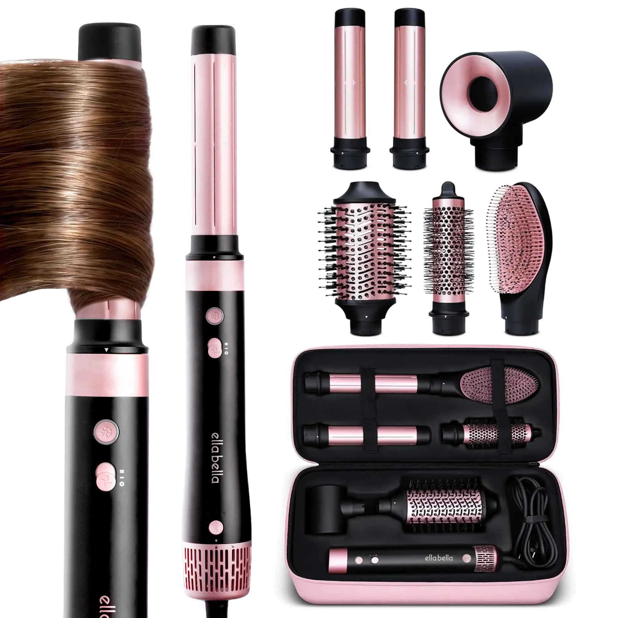ELLA BELLA 6 in 1 Professional Hot Air Styler • Powerful Hair Dryer & Straightener Set • Styling Without Heat Damage • Fast Drying Curling Volumizing Straightening • Includes Protective Travel Case
