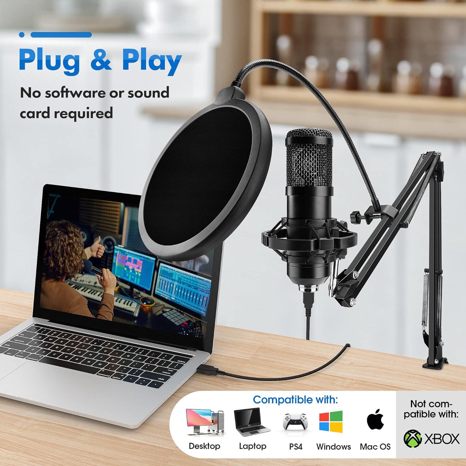 USB Microphone,Professional Microphone 192kHz/24Bit Plug & Play PC Computer Microphone Condenser Cardioid Mic Kit with Adjustable Boom Arm Stand Shock Mount,for Podcast,Streaming,Studio Recording