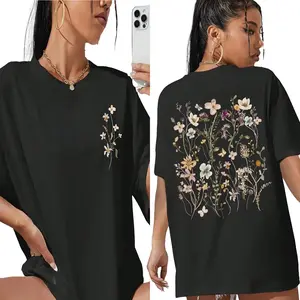 Women's Floral Print Drop Shoulder Crew Neck Tee, Street Casual Half Sleeve Round Neck T-shirt, Graphic Tees, Clothing, Streetwear Top, Ladies Clothes for Daily Wear, Clothing, Tops, Womenswear, Tshirt