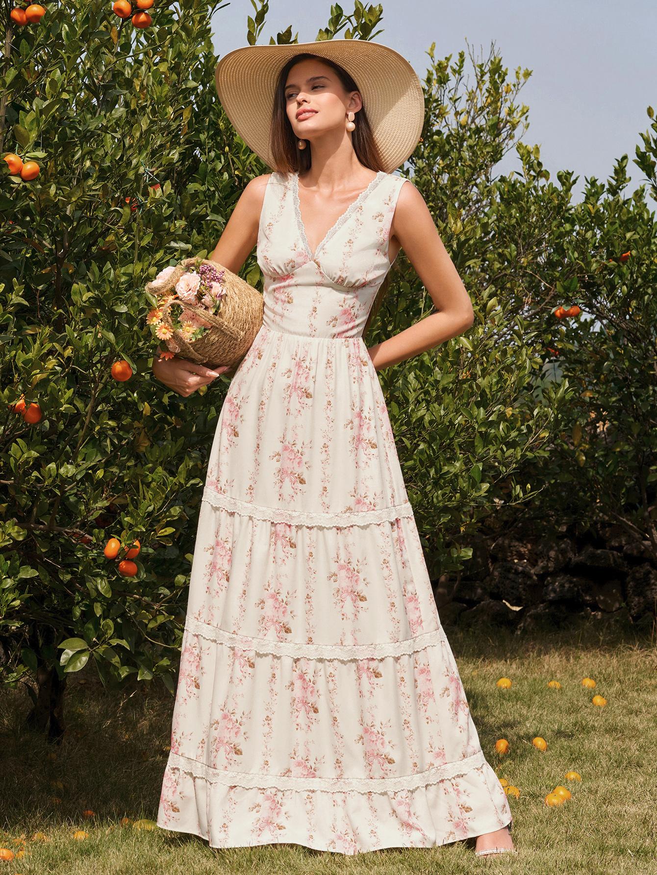 Parthea Women's V-Neck Backless Smocking Lace Trim Casual Cake Dress, Ideal for Garden Afternoon Tea, Art Exhibitions