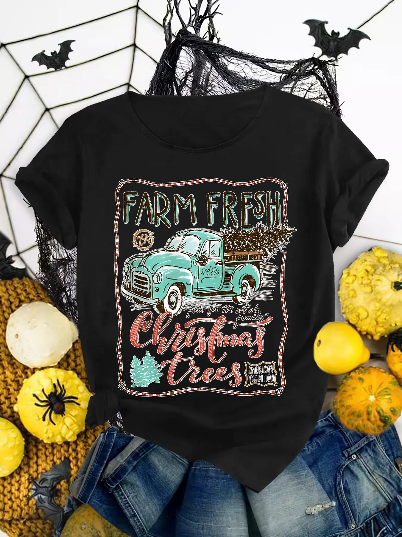 Women's Retro Farm Truck and Christmas Tree Print T-Shirt: Cotton summer turquoise farm-style short sleeve, stretch crewneck machine washable loose fit, suitable for casual and holiday wear;