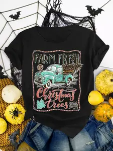 Women's Retro Farm Truck and Christmas Tree Print T-Shirt: Cotton summer turquoise farm-style short sleeve, stretch crewneck machine washable loose fit, suitable for casual and holiday wear;