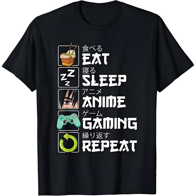 Men's Eat Sleep Anime Game Repetition Kawaii Otaku Anime Manga Casual Comfortable Fabric T-shirt