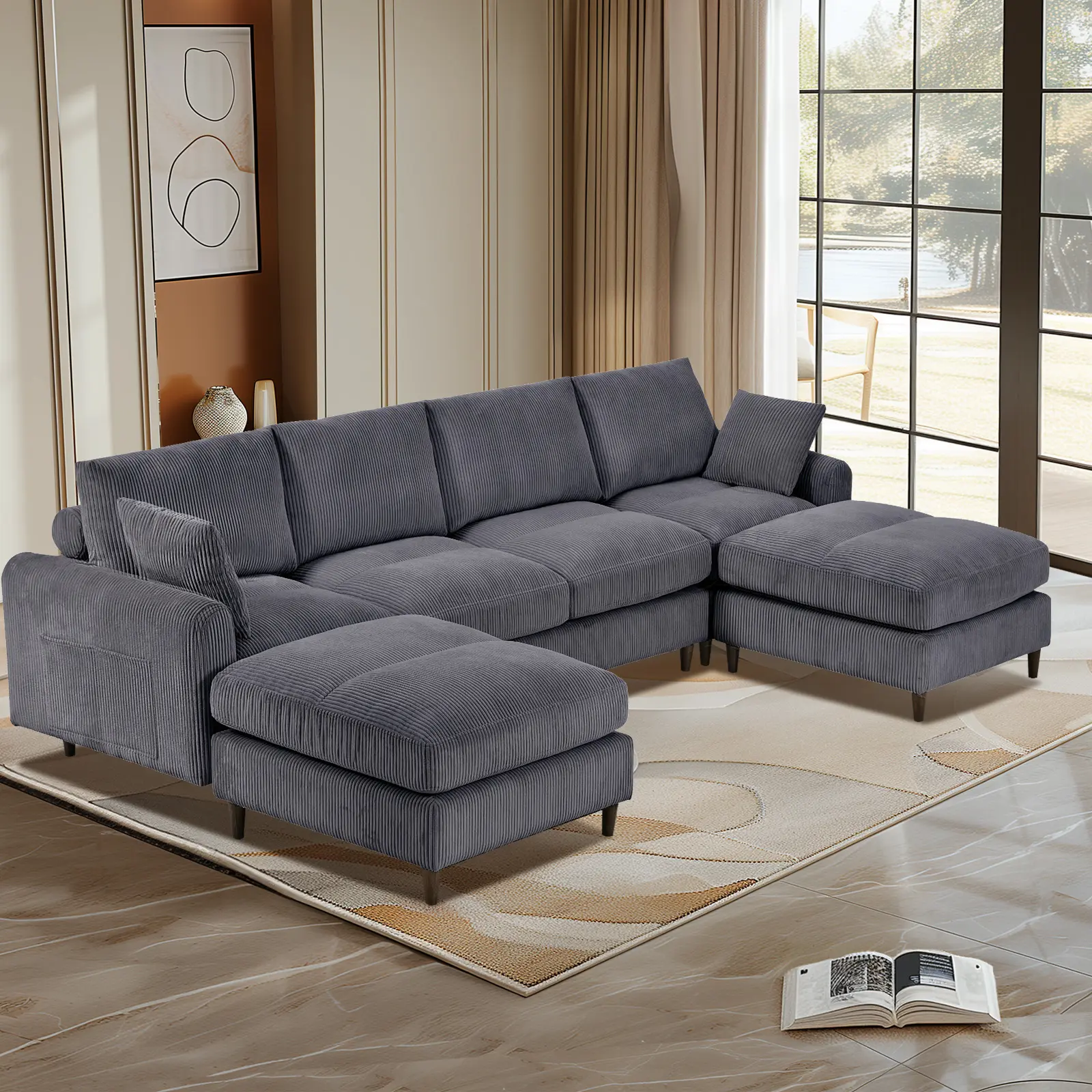 Niccae 121" Modular Sectional Couches for Living Room Furniture Sets, Oversized Adjustable Headrest Cloud Couch U-Shaped Convertible L-Shaped Sofa with 2 Pillows & 2 Movable Ottoman & Pocket