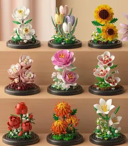 Valentine's Day Gift Assembly Bonsai Flower Miniature Building Block Set with dust Cover, Building Block Flowers, Valentine's Day Creative Gift for her (Peony)