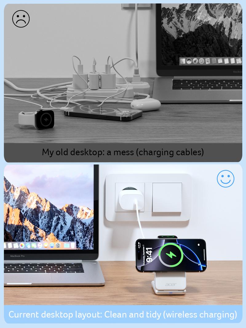 Acer 3 in 1 Wireless Charging Station, MagSafe Charger Stand Compatible, Qi2 15W Certified Palm-Sized Foldable Charger for iPhone 17/16, Apple Watch, AirPods (Non-Battery, Adapter Included)