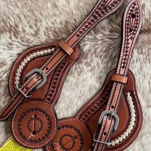 Pair Top Grain Leather Rawhide Accents Adult Size Western Spur Straps