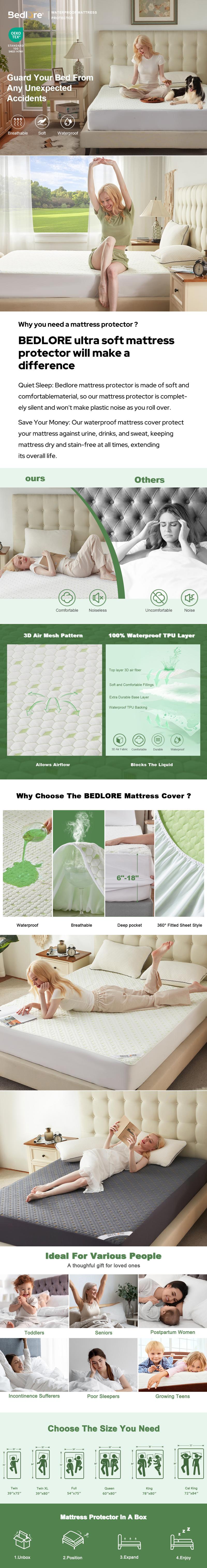 [Valentine’s Day]【BEDLORE】Waterproof Mattress Protector, Soft & Breathable Noiseless Mattress Cover with Deep Pockets (Fits 6–18 Inches) for Bedroom & Home Use