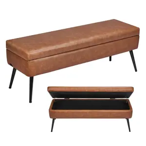 Modern PU Leather Storage Ottoman Bench with Metal Legs - Ideal for Entryway, Bed End, Living Room, Dining Room & Hallway, Brown