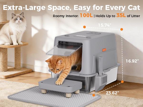 COMHOMA Stainless Steel Cat Litter Box | Extra Large 100L Enclosed Litter Box with Smart Odor Control, Auto Pause Sensor, 180° Flip Lid for Easy Cleaning, Anti-Leak High Walls, Step Mat & Scoop | Ideal for Multiple Cats