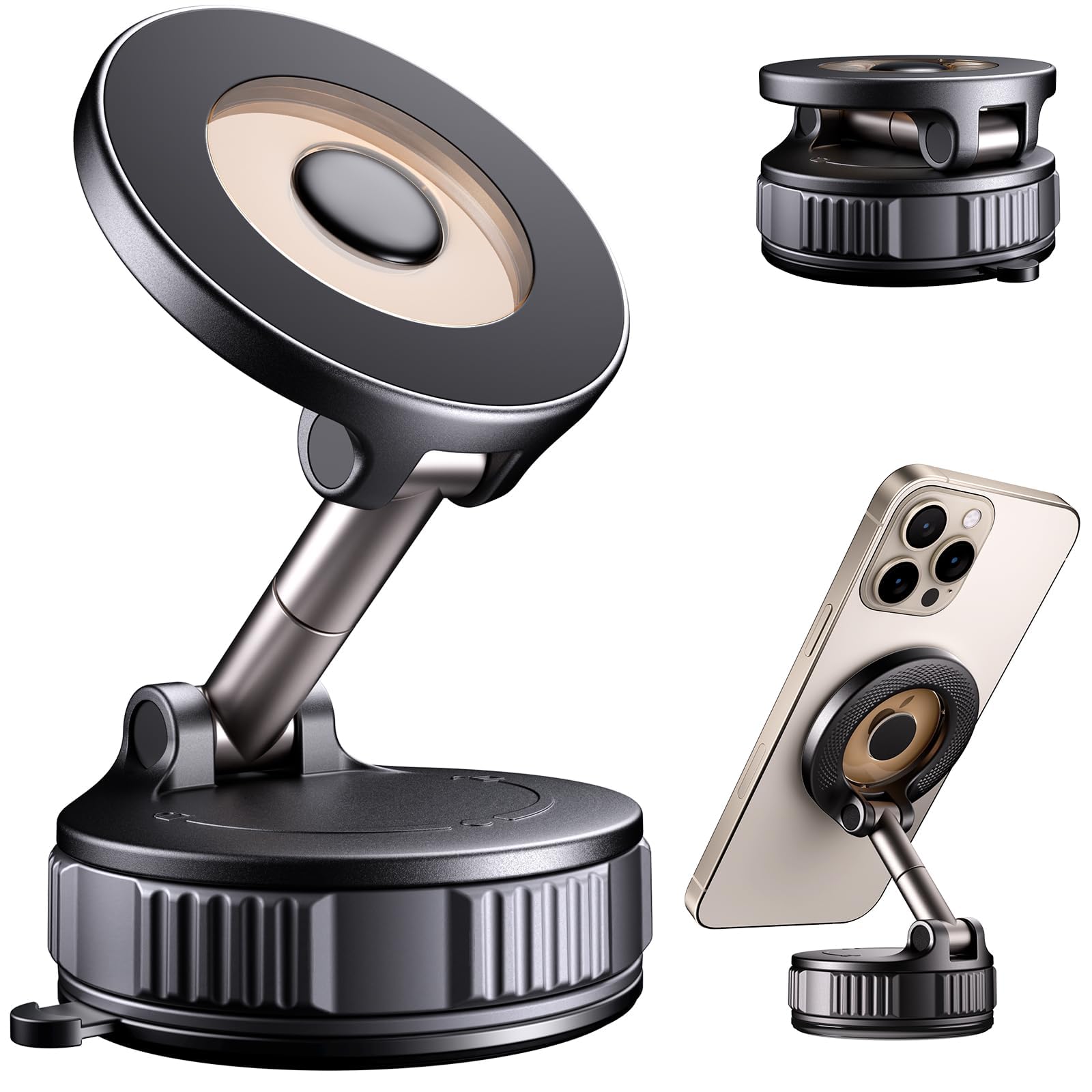 Universal Smartphone Holder with Strong Magnet, Foldable 360° Vacuum Suction Pad Car Accessory, Hands-Free Dashboard Mount for iPhone 17 16 15 & Android Devices (Also Fits Gym & Mirror Walls)
