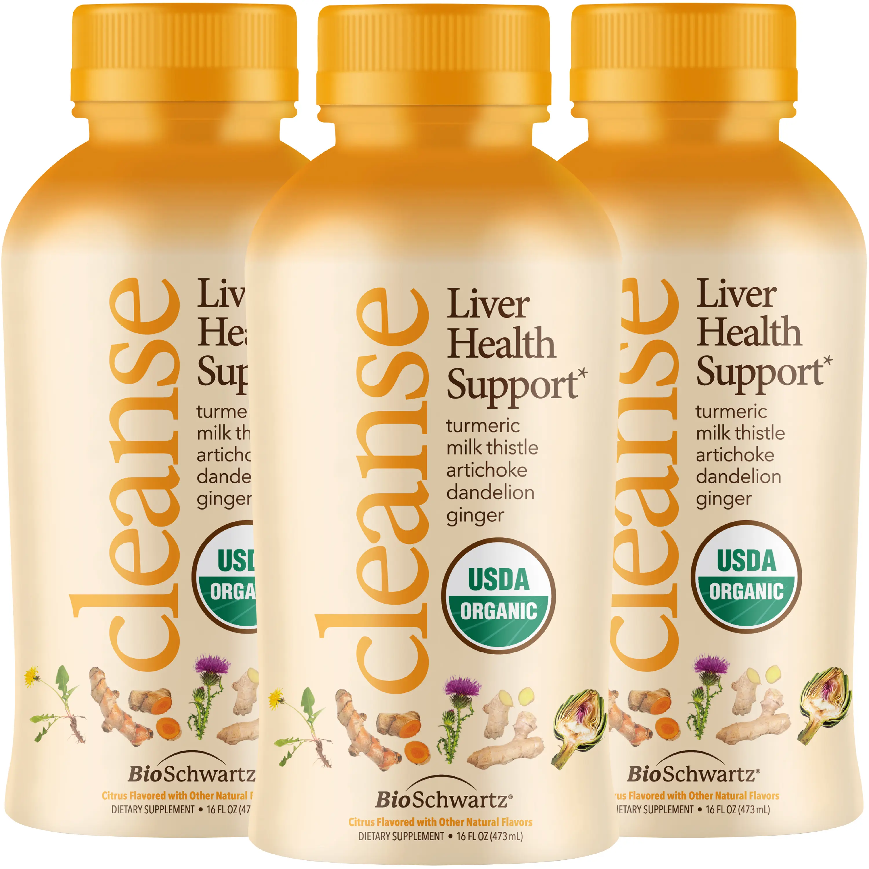 BioSchwartz Cleanse Liver Health Support - Organic Liver Cleanse Detox & Repair Supplement with Turmeric, Ginger, Milk Thistle, Artichoke, Dandelion - Non-GMO - Citrus Flavor, 16 fl oz (3-Pack)