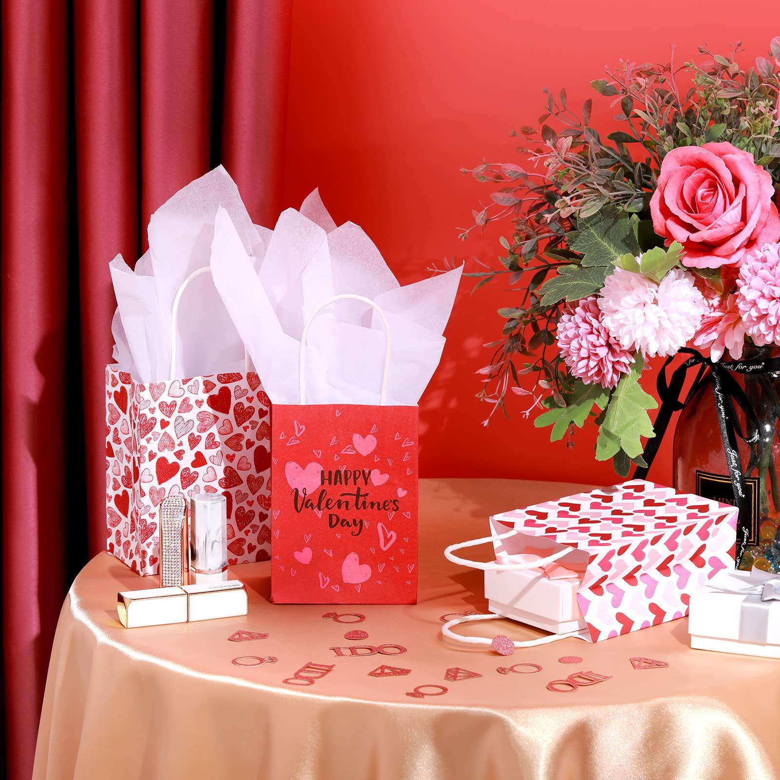 32 Pcs Valentines Day Goodie Bags Kraft Paper Gift Bags with Handle Tissue Paper,Appreciation Gift Wrapping for Friends Teacher Students Office Employee Coworker,Galentine's Day Birthday Wedding School Classroom Party Gift,Valentine Gift Exchane