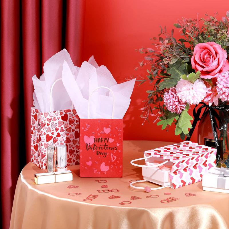 32 Pcs Valentines Day Goodie Bags Kraft Paper Gift Bags with Handle Tissue Paper,Appreciation Gift Wrapping for Friends Teacher Students Office Employee Coworker,Galentine's Day Birthday Wedding School Classroom Party Gift,Valentine Gift Exchane