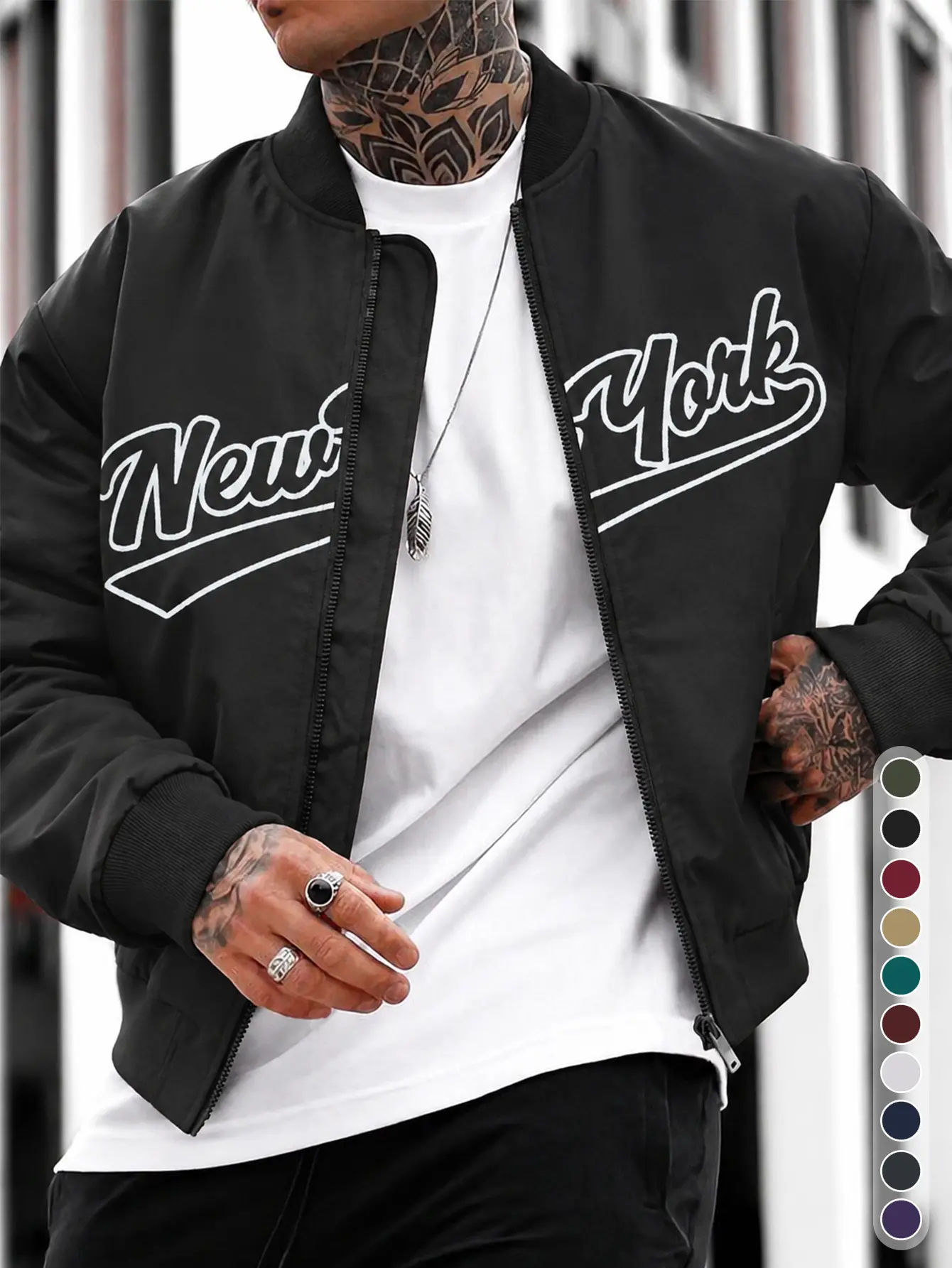 American vintage letter print baseball-collar jacket with zipper closure, relaxed drop-shoulder cut, durable wear-resistant fabric, trendy street-style outerwear for young men.
