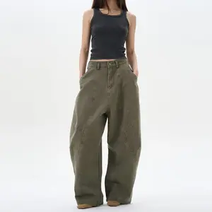 American Retro Green Brown Loose Matchet Pants Men And Women Basic Cotton