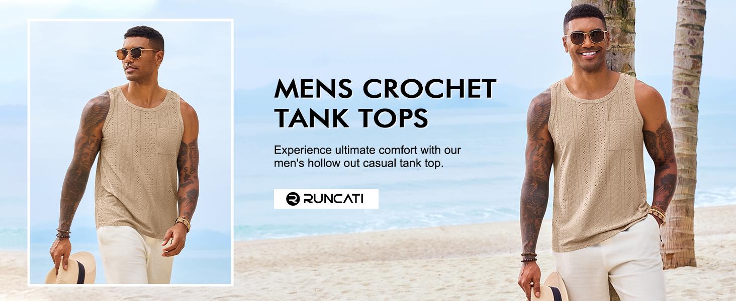 Runcati Mens Tank Tops Casual Sleeveless Hollow Out T-Shirts Muscle Summer Beach Hippie Shirts with Pocket