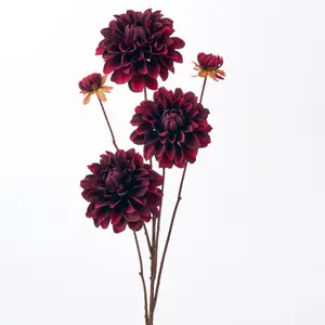 Dark Maroon Silk Dahlia Bloom & Bud Faux Floral Stem Spray - 35"
