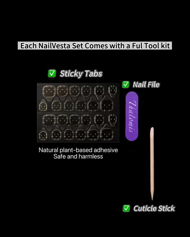 Thalomis° 100% Handmade Mystery Nail Set — Solid Design with Sticky Tabs, Nail File & Cuticle Stick, Natural Plant-Based Adhesive, Safe & Harmless Press-On Nails
