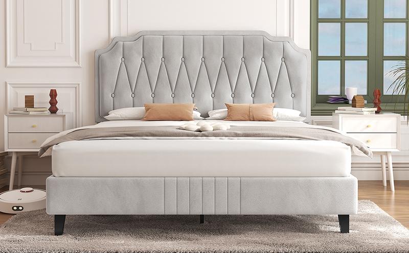 Yaheetech Linen Fabric /Velvet Upholstered Bed Frame Full/Queen/King with Wooden Slat Support, No Box Spring Needed, Durable Construction, Easy Assembly Furniture Bedroom Beige Headboard