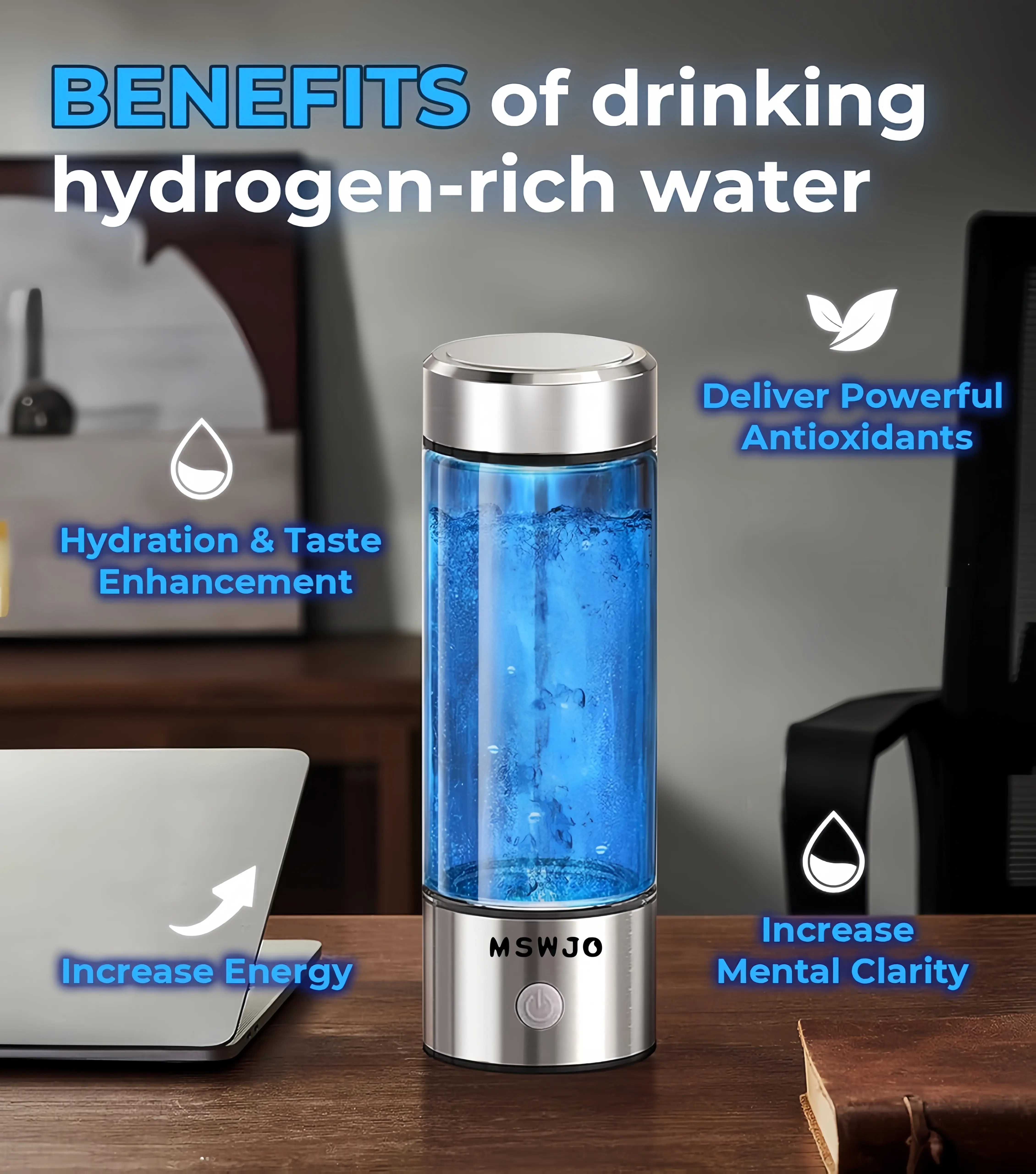 MSWJO Hydrogen Water Bottle and Tumbler Set 420ml USB Type-C Rechargeable Portable Ionizer for Exercise Home Office Travel PEM SPE Technology Hydrogen Rich Water Generator