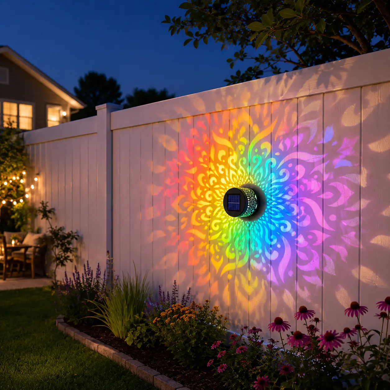 Multicolored Solar Mandala Wall Light, 7-Color Changing Waterproof Solar Fence Light, suitable for garden, patio, courtyard, and backyard decoration, outdoor lighting, decorative solar wall light, landscape decorative lighting Neon Cactus Sign Party Decor