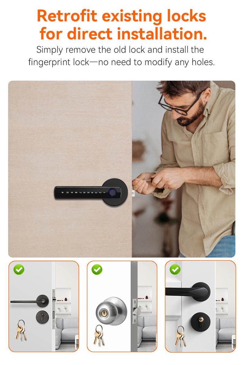 Smart Fingerprint Door Lock with Handle Keyless Entry 4-in-1 Card APP Backup Key Bedroom Home Privacy Apartment Local Data Storage