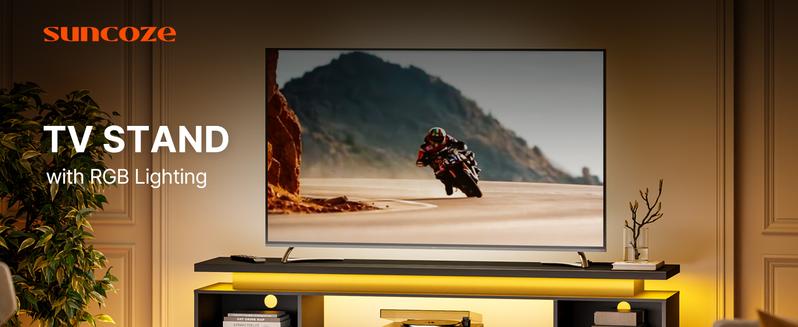 SUNCOZE TV Stand, Entertainment Center with LED Lights and Cabinet for 70/75/80 Inch TV, Modern TV Console Gaming Media Television Stands with Power Outlets for PS5 in Living Room and Bedroom