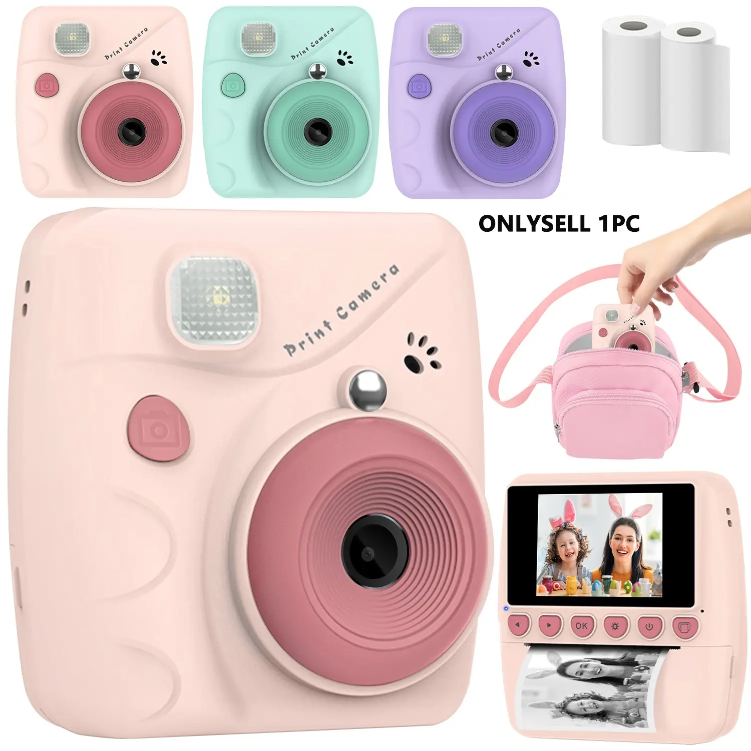 Kids Camera Instant Print, 2.4'' Instant Camera for Kids with bag & Print Photo Paper, 1080P Video Kids Digital Toy, Back to School，Graduation & Birthday Gifts for Boys Age 3-12 Years Old