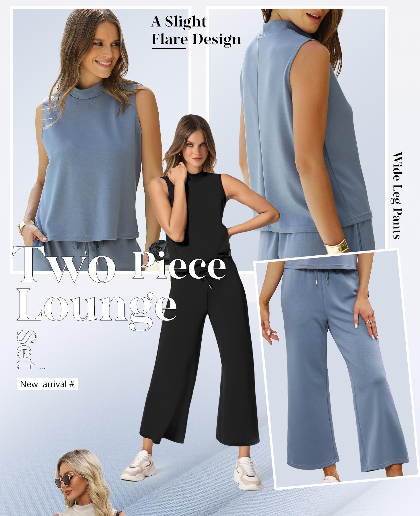 OFEEFAN Two Piece Sets for Women Summer Outfits Lounge Sets Mock Neck Tops Wide Leg Crop Pants Vacation Travel Outfits Silky Casual SpringStatements