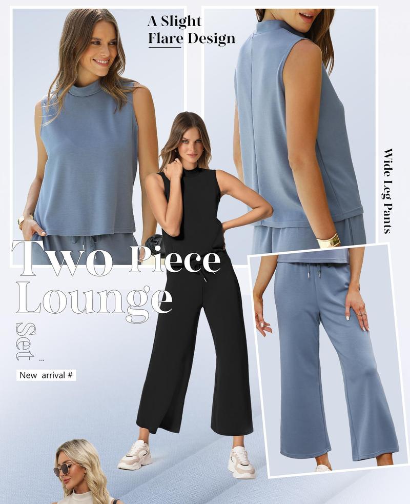 OFEEFAN Two Piece Sets for Women Summer Outfits Lounge Sets Mock Neck Tops Wide Leg Crop Pants Vacation Travel Outfits Silky Casual