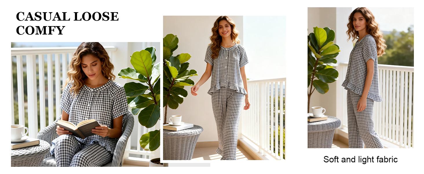 YeeZaa Gingham Pajamas Set 2 Piece for Women Plaid Sets Pjs Vintage Y2K 100% Cotton Clothes Button Down Babydoll Top with Puff Sleeves & Matching Ruffle Pants Cute Loungewear Loungewear Pjs Sleepwear Nightwear Homewear Comfort Outfit SpringStatements
