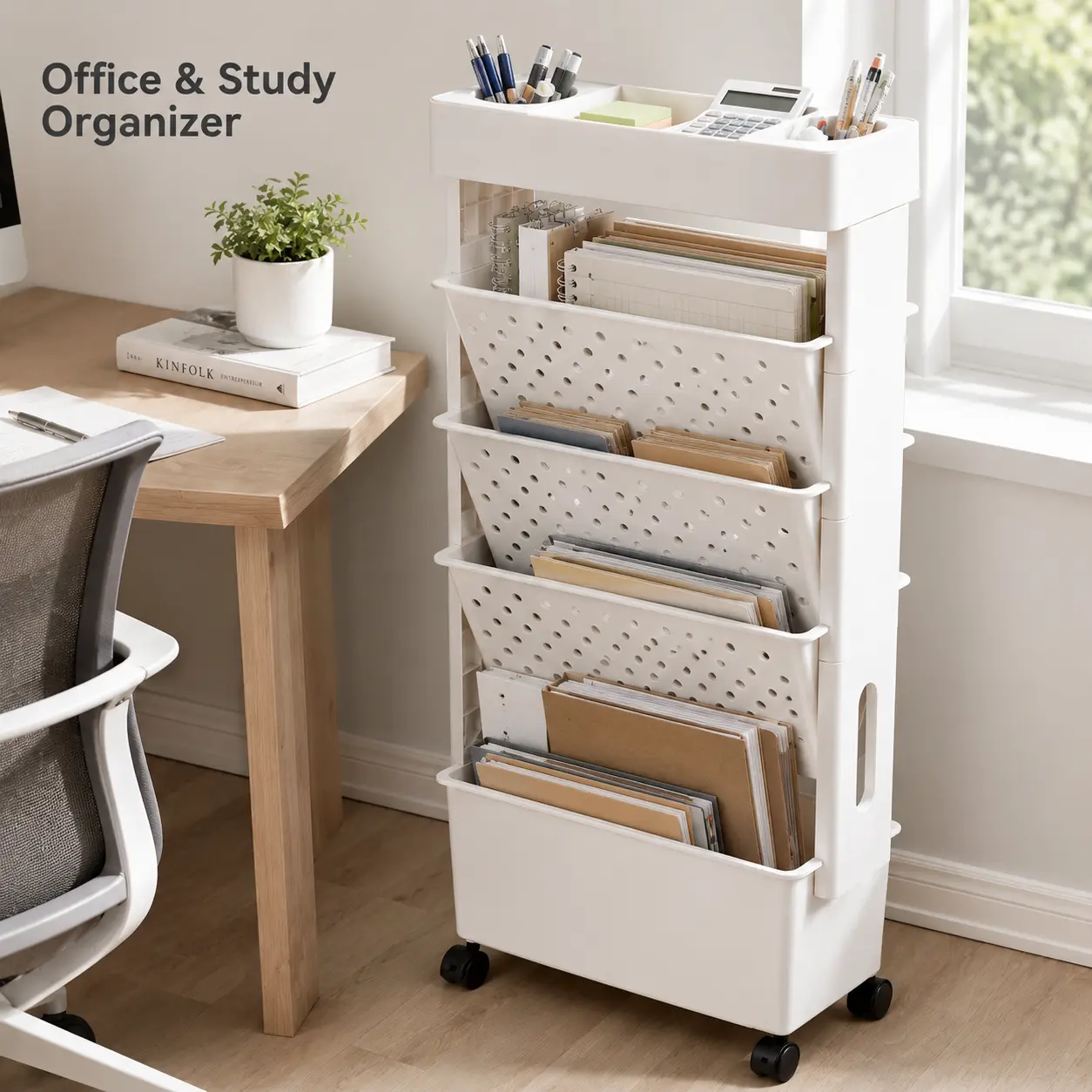 5-Tier Mobile Bookshelf with Wheels, Slim Desk Side Rolling Book Cart with Pen Holder for Textbooks, Files, Documents, Office Supplies, Study Room, Dorm and Classroom