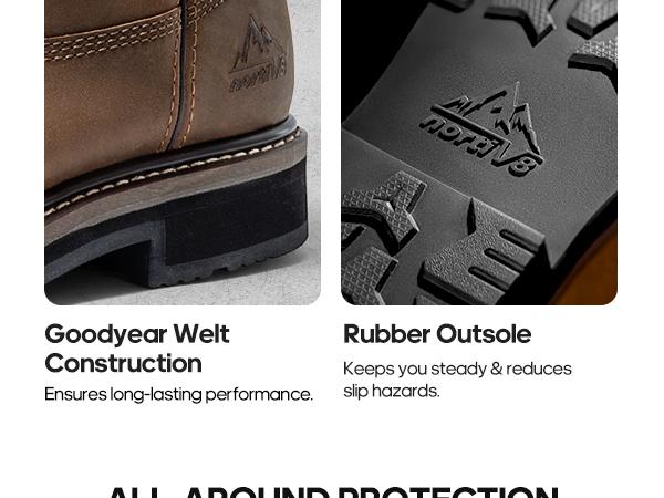 NORTIV 8 Steel Toe Boots for Men Waterproof Pull-on Wellington Work Boots