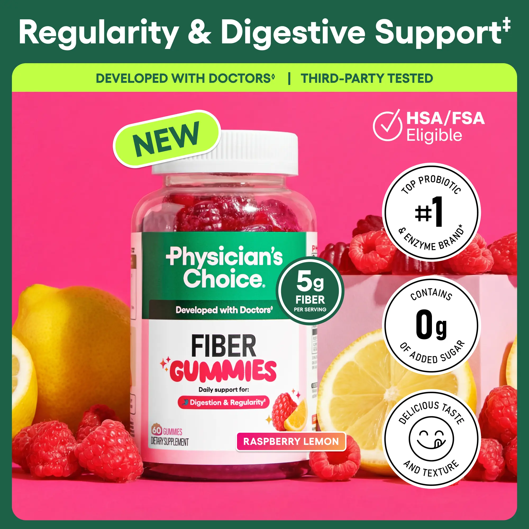Physician’s Choice Fiber Gummies for Digestive Health & Regularity - HSA/FSA Eligible - No Sugar Added & Vegan - Daily Gummy for Adults